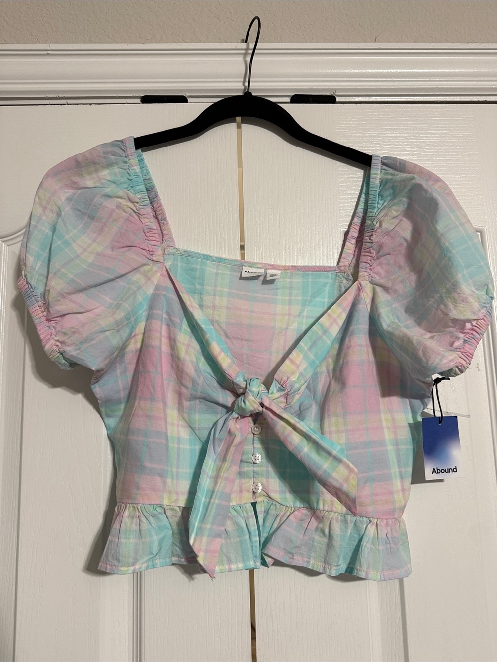 Abound Pastel Plaid Tie-Front Puff Sleeve Crop Top - Multicolor